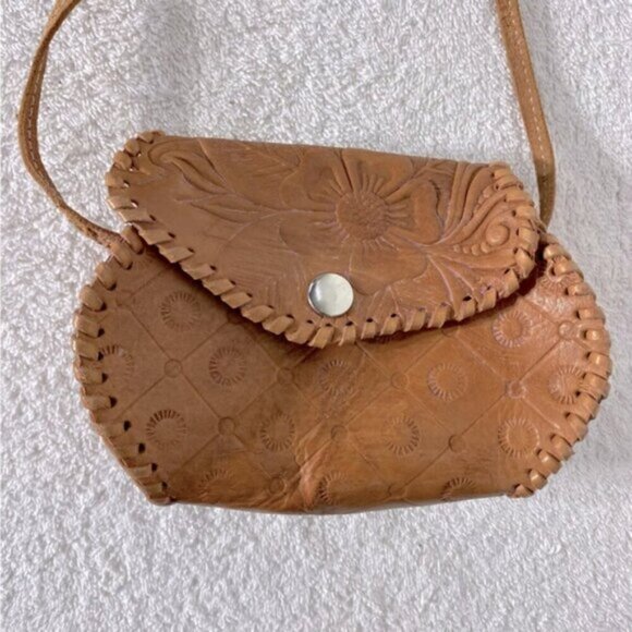 Vintage Handmade Tan Brown Tooled Leather Crossbody Bag Shoulder Bag Purse - Picture 2 of 16